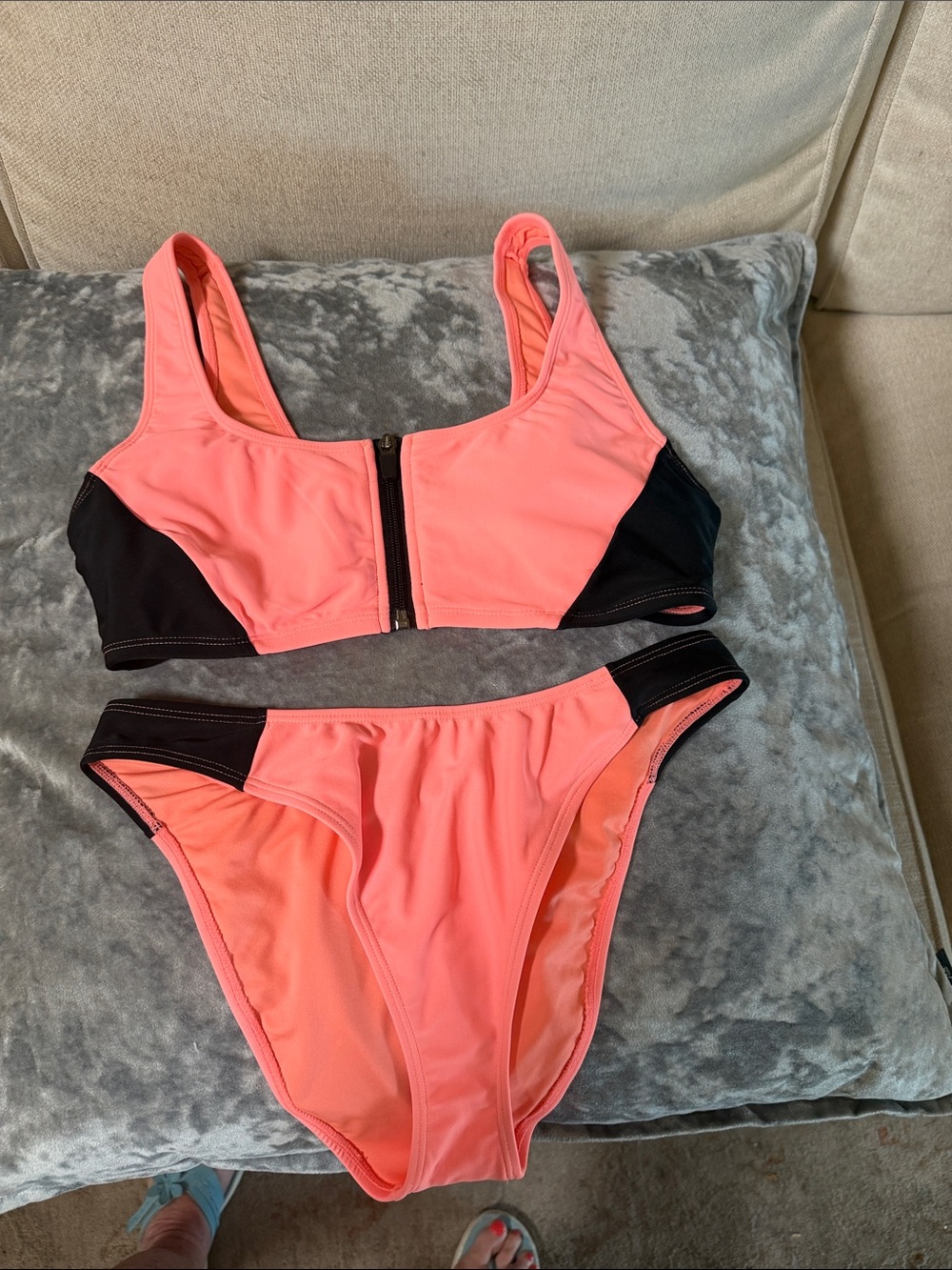 Forever 21 Coral Coral and Black Zip-Front Bikini Set